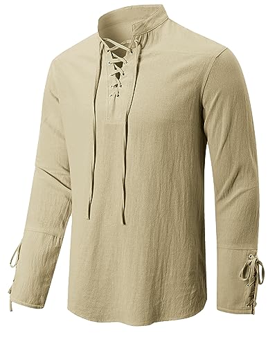 Jacansi Herren Freizeithemd Langarm Leinenhemd Herren-Kostüm mit Schnürung Baumwolle Mittelalterliches Vintage-Kostüm Khaki L von Jacansi