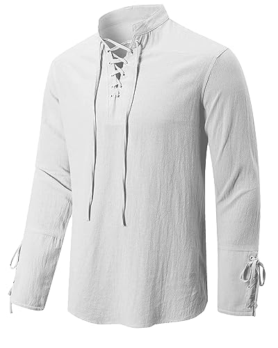 Jacansi Herren Hemd Langarmhemd Freizeithemden Leinenhemd Mittelalter Wikinger Hippie Shirts Weiß 3XL von Jacansi
