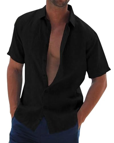 Jacansi Herren Sommerhemd Leinenhemd Kurzarm Strand Hemd Freizeithemden Casual Mens Summer Beach Shirts Schwarz XXL von Jacansi