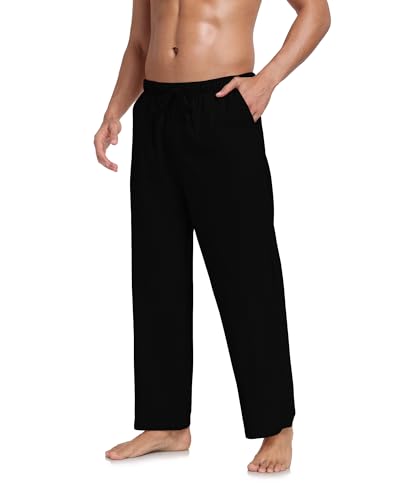 Jacansi Herren Weitem Bein Hose Leinen Freizeithose Baggy Beach Yoga Kordelzug Elastische Taille Hosen Schwarz XXL von Jacansi