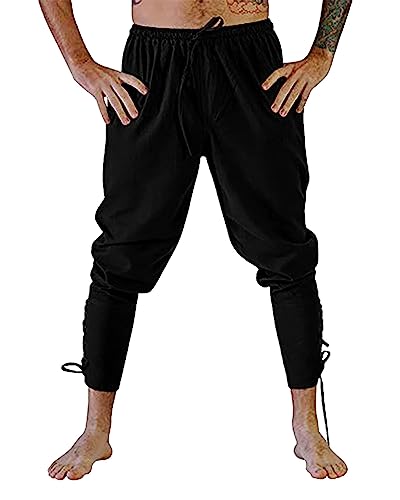 Jacansi Leinenhose Herren Lang Wikinger Hose Retro Piratenhose Cosplay Hose Herren Halloween Vampir Kostüm Schwarz 2XL von Jacansi