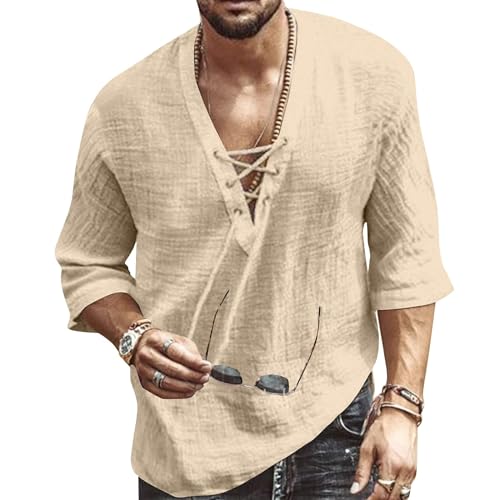 Jacansi Mens Casual Shirts Leinenhemd Herren 3/4 Ärmel Summer Beach Shirts V-Ausschnitt Schnürung Kordelzug Hemd Khaki M von Jacansi
