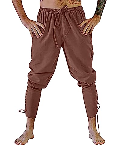 Jacansi Mittelalter Hosen Herren Lang Cosplay Hose Herren Renaissance Retro Piraten Schnürhosen Braun 2XL von Jacansi