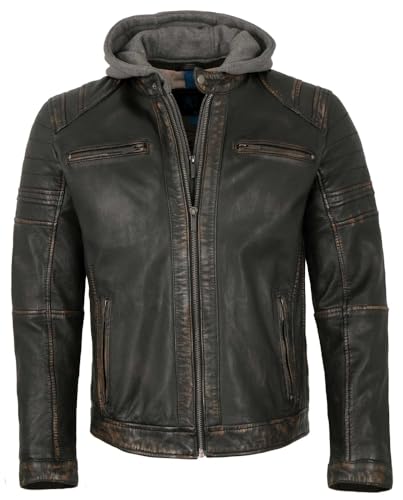 Jack Hanter Herren Lederjacke Lammnappa Bikerjacke Kapuze schwarz-beige Größe 50 von Jack Hanter