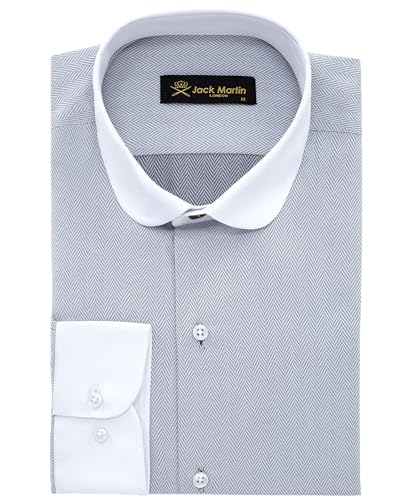 Jack Martin London Hemd mit Rundkragen für Herren | Slim-Fit-Businesshemden & Freizeithemden mit Rundkragen | Hemd im Retro-Stil (Fischgrätenmuster Grau, L) von Jack Martin London