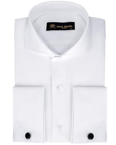 Jack Martin Herrenhemden mit französischen Manschetten und Haifischkragen | Manschettenknöpfe Inklusive | Luxuriöses Langarm-Formhemd für Herren (Fischgräten, Weiß, L) von Jack Martin