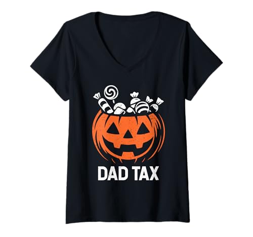 Damen Dad Tax Candy IRS Agent Halloween geschnitzter Kürbis passend T-Shirt mit V-Ausschnitt von Jack O' Lantern Bucket Tax Collector Family Shirts