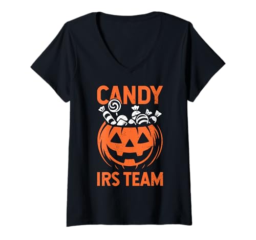 Damen Candy IRS Team Special Agent Halloween geschnitzter Kürbis T-Shirt mit V-Ausschnitt von Jack O' Lantern Bucket Tax Collector Funny Shirts