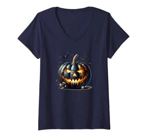 Damen Black Pumpkin Jack O Lantern Bat Graphic for Halloween Lover T-Shirt mit V-Ausschnitt von Jack O Lantern Halloween Black Pumpkin Gifts