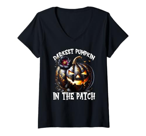 Damen Darkest Pumpkin In The Patch for Goth Mom Floral Halloween T-Shirt mit V-Ausschnitt von Jack O Lantern Halloween Black Pumpkin Gifts