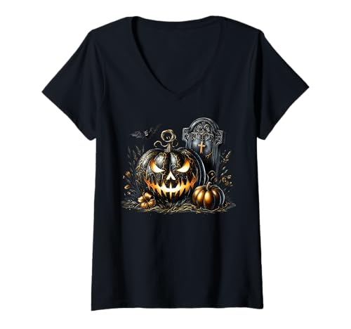 Damen Floral Halloween Cemetery Decor with Bat and Black Pumpkin T-Shirt mit V-Ausschnitt von Jack O Lantern Halloween Black Pumpkin Gifts