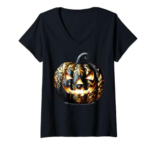 Damen Floral Pumpkin Face Graphic for Women Halloween Gothic T-Shirt mit V-Ausschnitt von Jack O Lantern Halloween Black Pumpkin Gifts