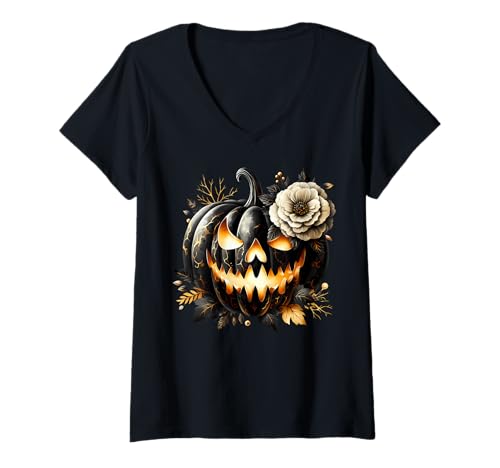 Damen Floral Pumpkin Graphic for Women and Girls Halloween Lover T-Shirt mit V-Ausschnitt von Jack O Lantern Halloween Black Pumpkin Gifts