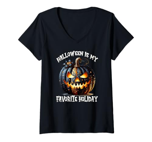 Damen Floral Pumpkin for Goth Mom Halloween is My Favorite Holiday T-Shirt mit V-Ausschnitt von Jack O Lantern Halloween Black Pumpkin Gifts