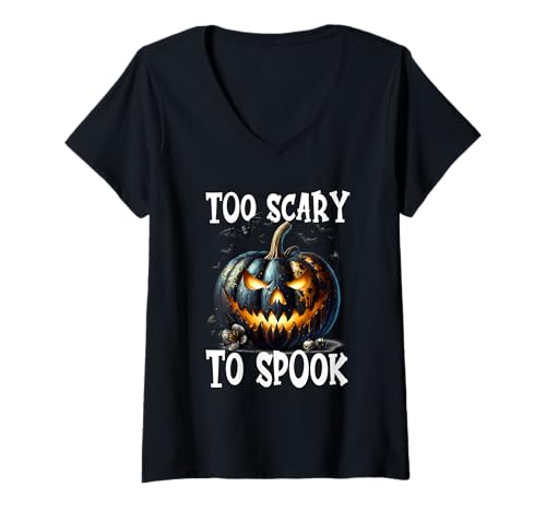 Damen Halloween Jack O Lantern Pumpkin and Bats Too Scary to Spook T-Shirt mit V-Ausschnitt von Jack O Lantern Halloween Black Pumpkin Gifts