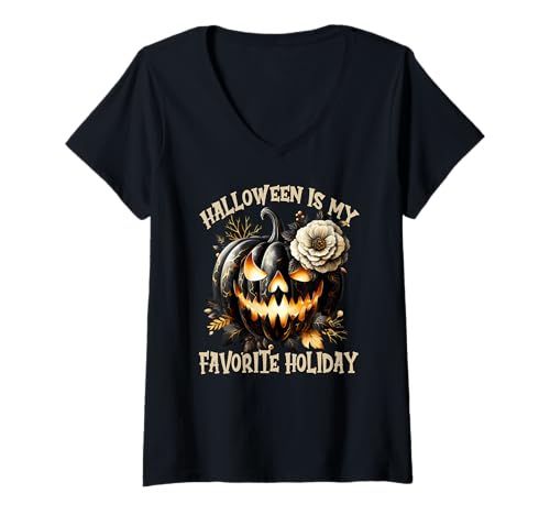 Damen Halloween is My Favorite Holiday Floral Black Pumpkin Face T-Shirt mit V-Ausschnitt von Jack O Lantern Halloween Black Pumpkin Gifts