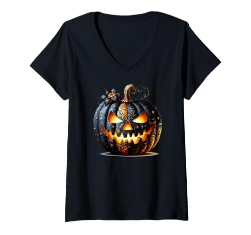 Damen Orange and Black Halloween Jack O Lantern Pumpkin Face T-Shirt mit V-Ausschnitt von Jack O Lantern Halloween Black Pumpkin Gifts