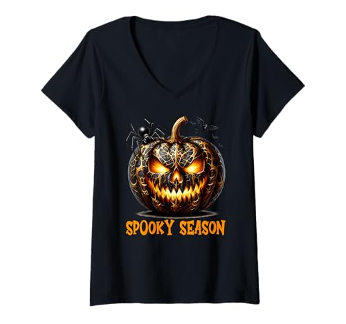 Damen Spooky Season Graphic Women Jack O Lantern Halloween Pumpkin T-Shirt mit V-Ausschnitt von Jack O Lantern Halloween Black Pumpkin Gifts