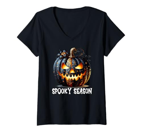 Damen Spooky Season Pumpkin Graphic for Women and Girls Halloween T-Shirt mit V-Ausschnitt von Jack O Lantern Halloween Black Pumpkin Gifts