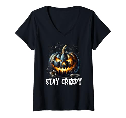 Damen Stay Creepy Halloween Graphic Jack O Lantern Black Pumpkin T-Shirt mit V-Ausschnitt von Jack O Lantern Halloween Black Pumpkin Gifts