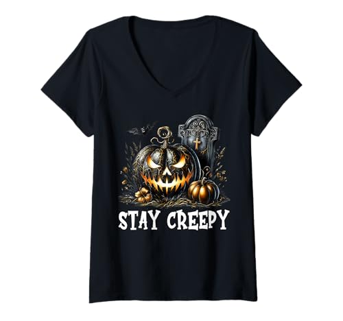 Damen Stay Creepy Halloween Jack O Lantern Pumpkin for Goth Mom T-Shirt mit V-Ausschnitt von Jack O Lantern Halloween Black Pumpkin Gifts