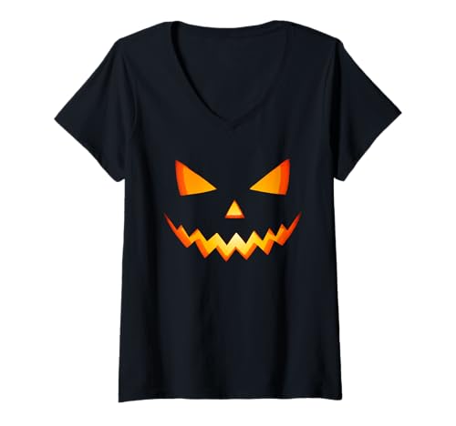 Damen Kürbis Halloween Gruseliges Jack O Lantern Gesicht Kostüm Herren T-Shirt mit V-Ausschnitt von Jack O Lantern Pumpkin Face Halloween Costume