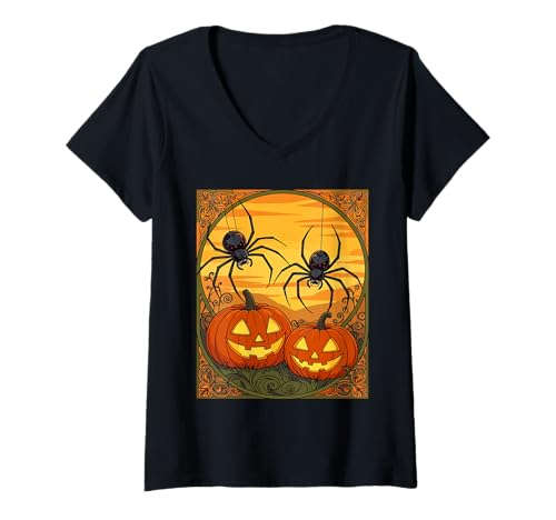 Damen Jugendstil Spinnen im A Jack O Laternenfeld T-Shirt mit V-Ausschnitt Damen Jugendstil Spinnen im A Jack O Laternenfeld T-Shirt mit V-Ausschnitt von Jack O Lanterns and Spiders Tees and Gifts taiche