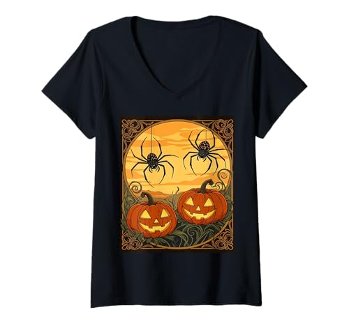 Damen Spinnen in A Jack O Lantern Field Jugendstil T-Shirt mit V-Ausschnitt von Jack O Lanterns and Spiders Tees and Gifts taiche