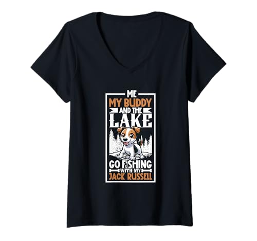 Damen Angeln und Jack Russell Terrier T-Shirt mit V-Ausschnitt Damen Angeln und Jack Russell Terrier T-Shirt mit V-Ausschnitt von Jack Russell Terrier Designs