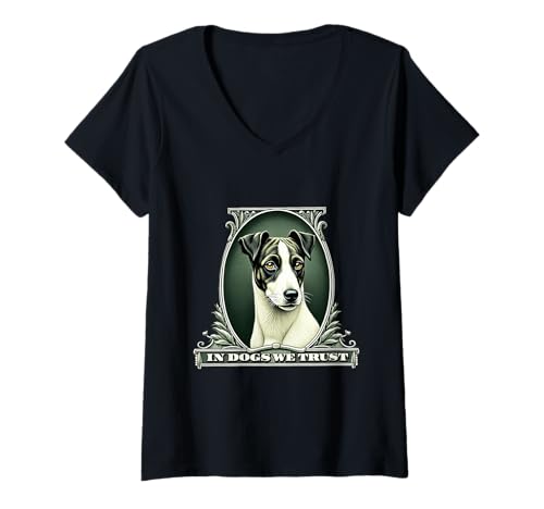 Damen In Jack Russell Terrier We Trust Lustiger Vintage Terrier Hund T-Shirt mit V-Ausschnitt Damen In Jack Russell Terrier We Trust Lustiger Vintage Terrier Hund T-Shirt mit V-Ausschnitt von Jack Russell Terrier Fun Designs