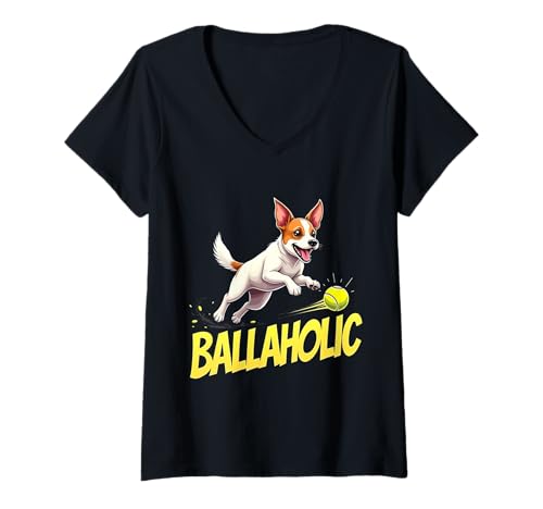 Damen Lustiger Ballaholic Jack Russell Terrier Hund Jagdball T-Shirt mit V-Ausschnitt Damen Lustiger Ballaholic Jack Russell Terrier Hund Jagdball T-Shirt mit V-Ausschnitt von Jack Russell Terrier Fun Designs