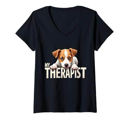 Damen Lustiger JRT Puppy My Therapist Jack Russell Terrier Hund T-Shirt mit V-Ausschnitt Damen Lustiger JRT Puppy My Therapist Jack Russell Terrier Hund T-Shirt mit V-Ausschnitt von Jack Russell Terrier Fun Designs