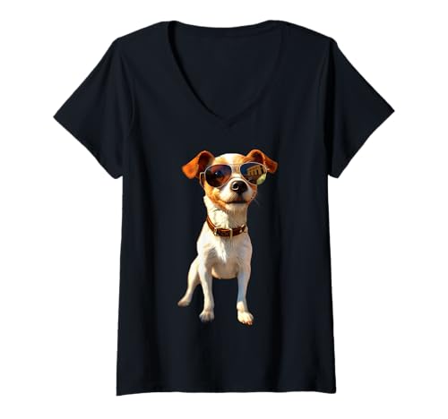 Damen Jack Russell Terrier & Sonnenbrille Jack Russells Liebhaber T-Shirt mit V-Ausschnitt Damen Jack Russell Terrier & Sonnenbrille Jack Russells Liebhaber T-Shirt mit V-Ausschnitt von Jack Russell Terrier Motiv für Frauchen & Herrchen