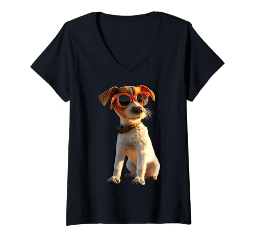 Damen Jack Russell Terrier & Sonnenbrille Jack Russells Liebhaber T-Shirt mit V-Ausschnitt Damen Jack Russell Terrier & Sonnenbrille Jack Russells Liebhaber T-Shirt mit V-Ausschnitt von Jack Russell Terrier Motiv für Frauchen & Herrchen