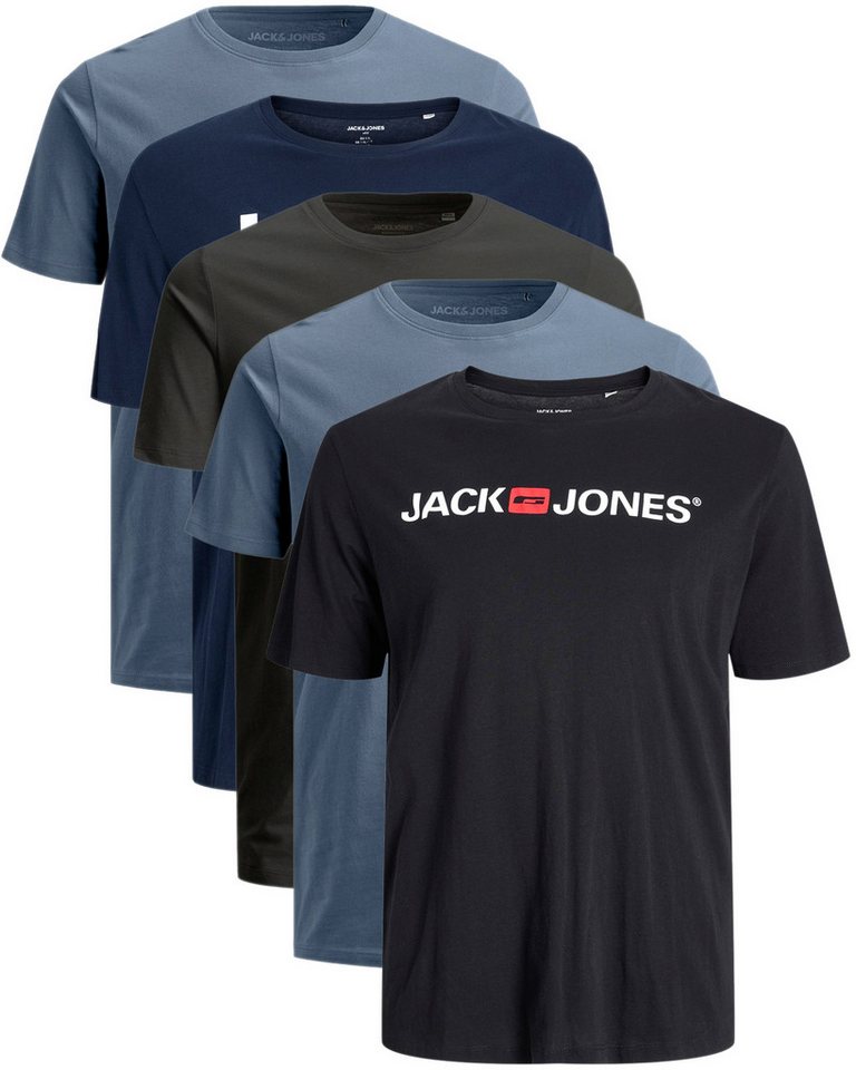 Jack & Jones Plus Print-Shirt Weites Shirt mit Printdruck (Spar-Set, 5er-Pack) unifarbenes Oberteil aus Baumwolle in Übergröße, Größe 3XL von Jack & Jones Plus