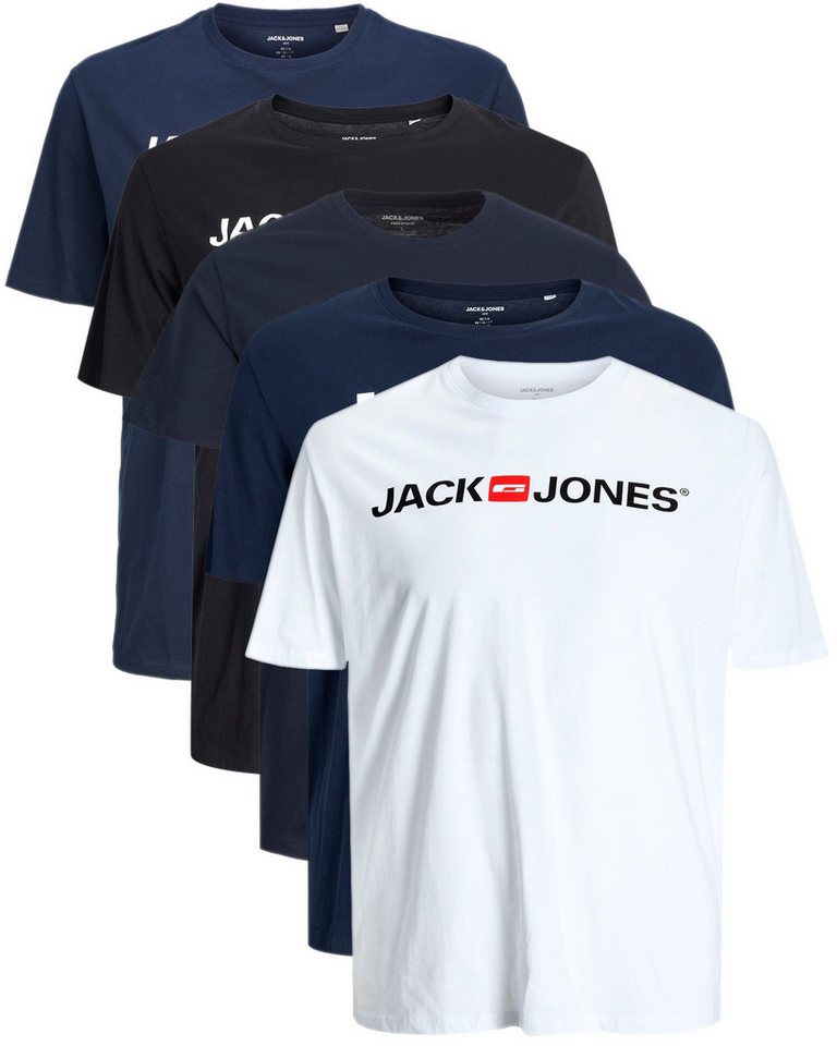 Jack & Jones Plus Print-Shirt Weites Shirt mit Printdruck (Spar-Set, 5er-Pack) unifarbenes Oberteil aus Baumwolle in Übergröße, Größe 3XL von Jack & Jones Plus