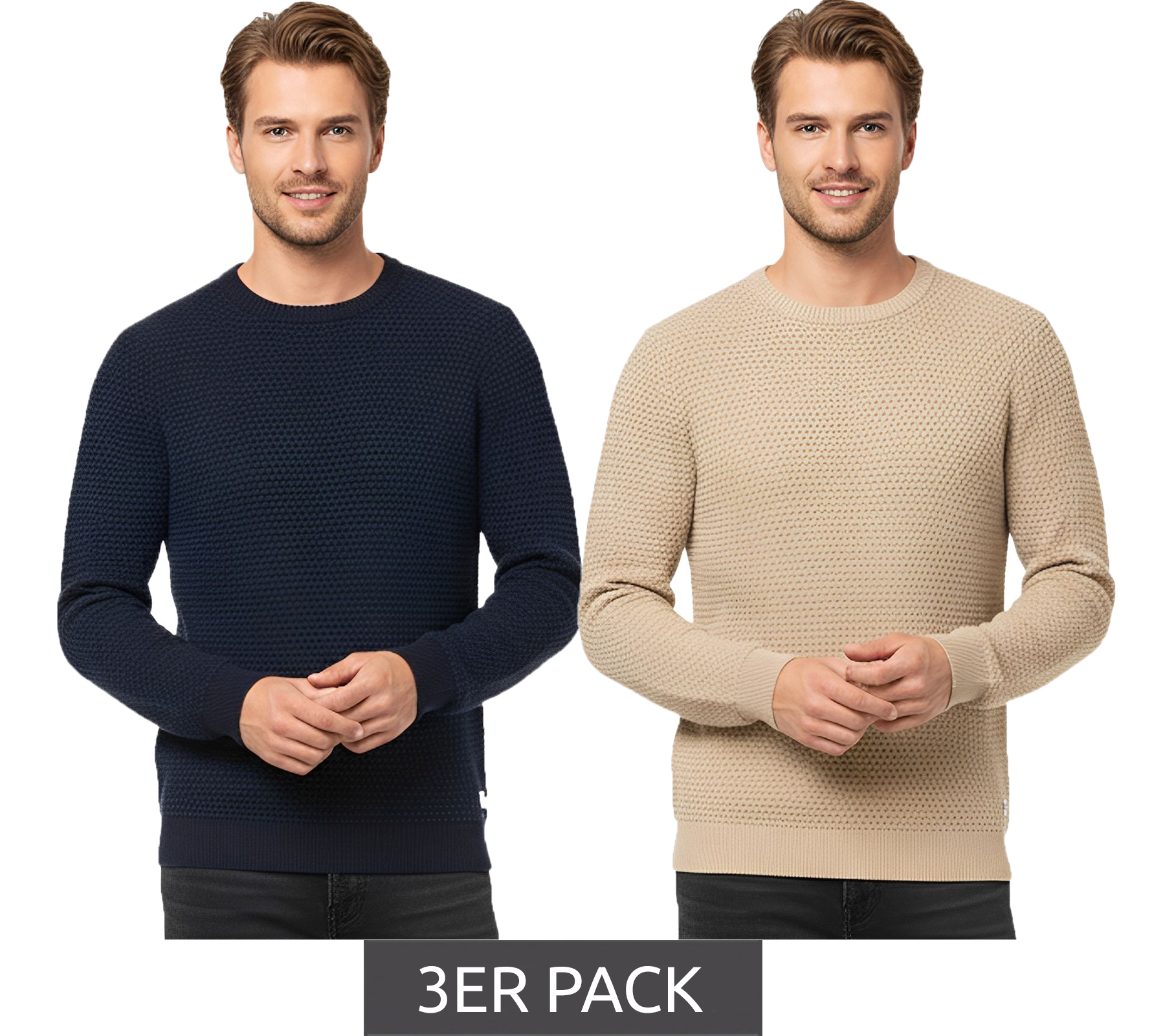 3er Sparpack JACK & JONES JJEATLAS Herren Strick-Pullover im strukturiertem Design Baumwoll-Pullover Knit Crew Neck Sweater 12212816 Beige oder Dunkelblau von Jack & Jones