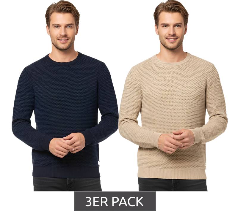 3er Sparpack JACK & JONES JJEATLAS Herren Strick-Pullover im strukturiertem Design Baumwoll-Pullover Knit Crew Neck Sweater 12212816 Beige oder Dunkelblau von Jack & Jones
