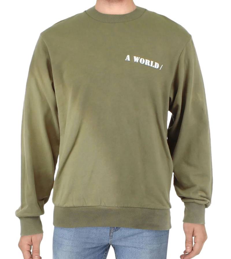 JACK & JONES Herren Crew Neck Pullover mit "A World"-Print auf der Brust Rundhals-Sweater 12201935 Khaki von Jack & Jones