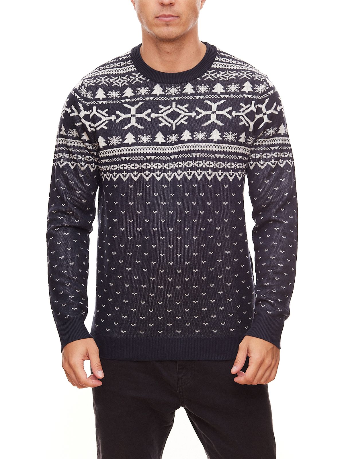 JACK & JONES Herren Feinstrick-Pullover Norweger-Pulli Feast Knit Crewneck Navy/Weiß von Jack & Jones