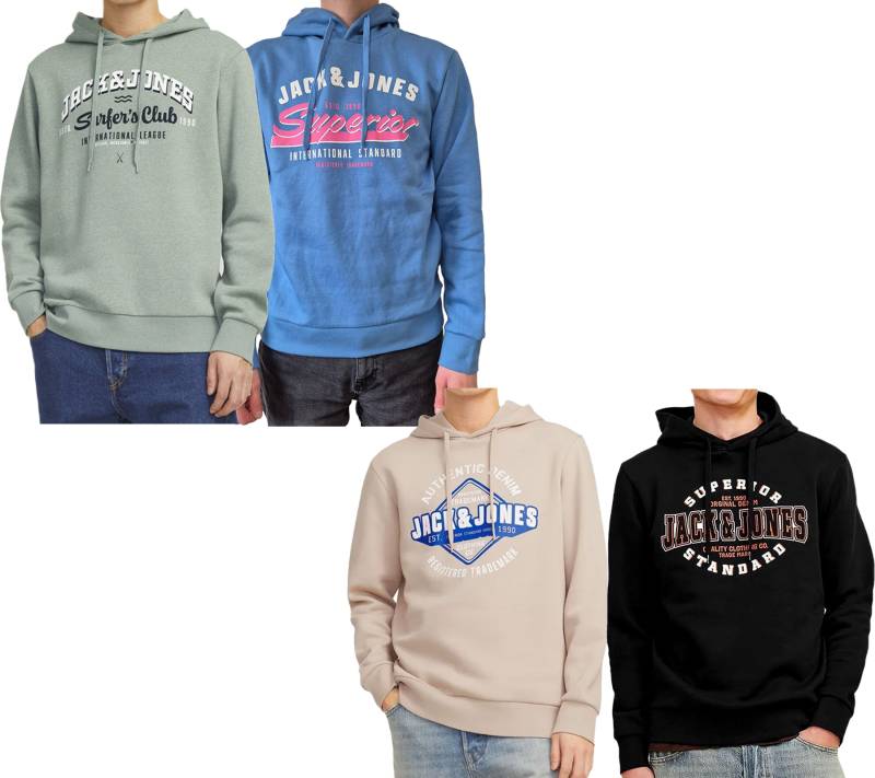 JACK & JONES Herren Kapuzen-Pullover Baumwoll-Pullover mit JACK & JONES Schriftzug Langarm-Shirt 12255617 Beige, Hellblau, Lindgrün oder Schwarz von Jack & Jones