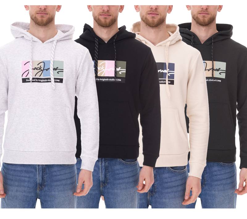 JACK & JONES Herren Kapuzen-Pullover mit Baumwollanteil Langarm-Shirt mit farblichen Akzenten 12262421 Schwarz, Weiß, Grün oder Beige von Jack & Jones