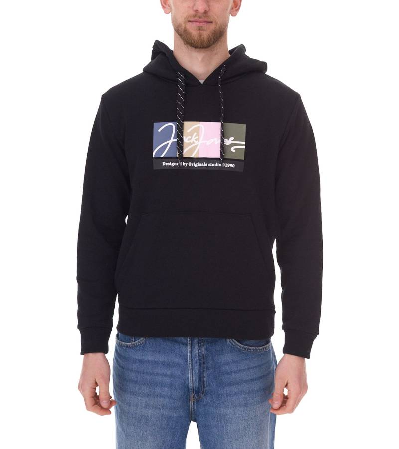 JACK & JONES Herren Kapuzen-Pullover mit Baumwollanteil Langarm-Shirt mit farblichen Akzenten 12262421 Schwarz von Jack & Jones