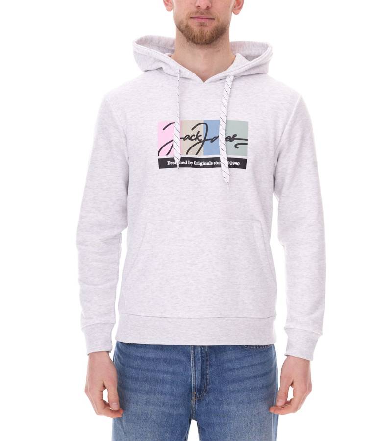 JACK & JONES Herren Kapuzen-Pullover mit Baumwollanteil Langarm-Shirt mit farblichen Akzenten 12262421 Weiß von Jack & Jones