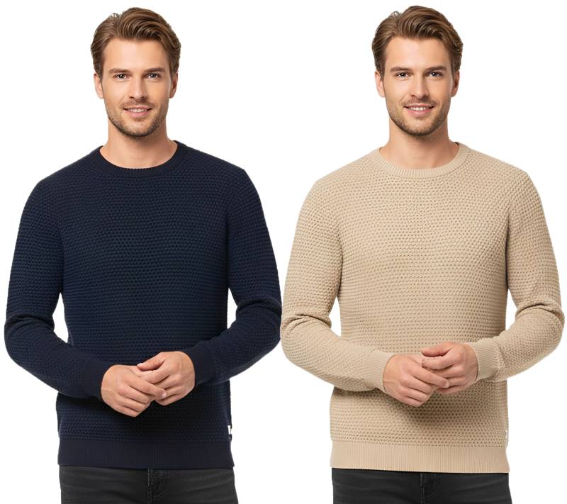 JACK & JONES JJEATLAS Herren Strick-Pullover im strukturiertem Design Baumwoll-Pullover Knit Crew Neck Sweater 12212816 Beige oder Dunkelblau von Jack & Jones