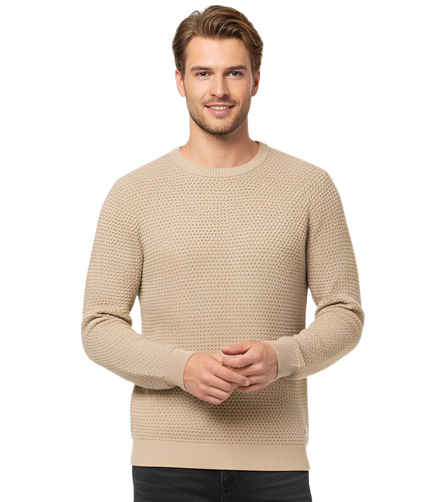 JACK & JONES JJEATLAS Herren Strick-Pullover im strukturiertem Design Knit Crew Neck Baumwoll-Sweater 12212816 Beige von Jack & Jones