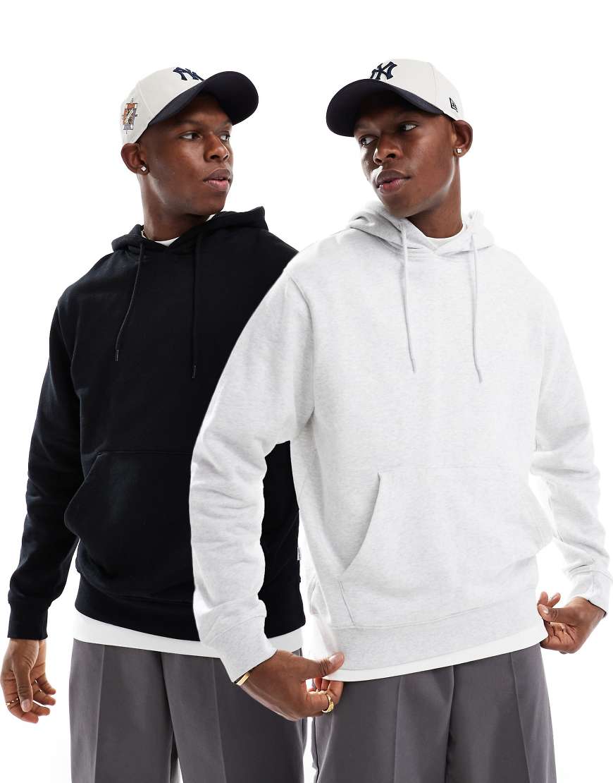 Jack & Jones - 2er-Pack Kapuzenpullover in meliertem Schwarz und Weiß mit extremer Oversize-Passform von Jack & Jones