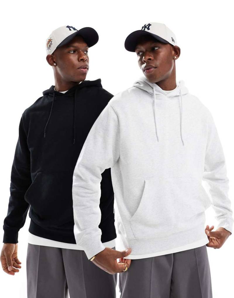 Jack & Jones - 2er-Pack Kapuzenpullover in meliertem Schwarz und Weiß mit extremer Oversize-Passform von Jack & Jones