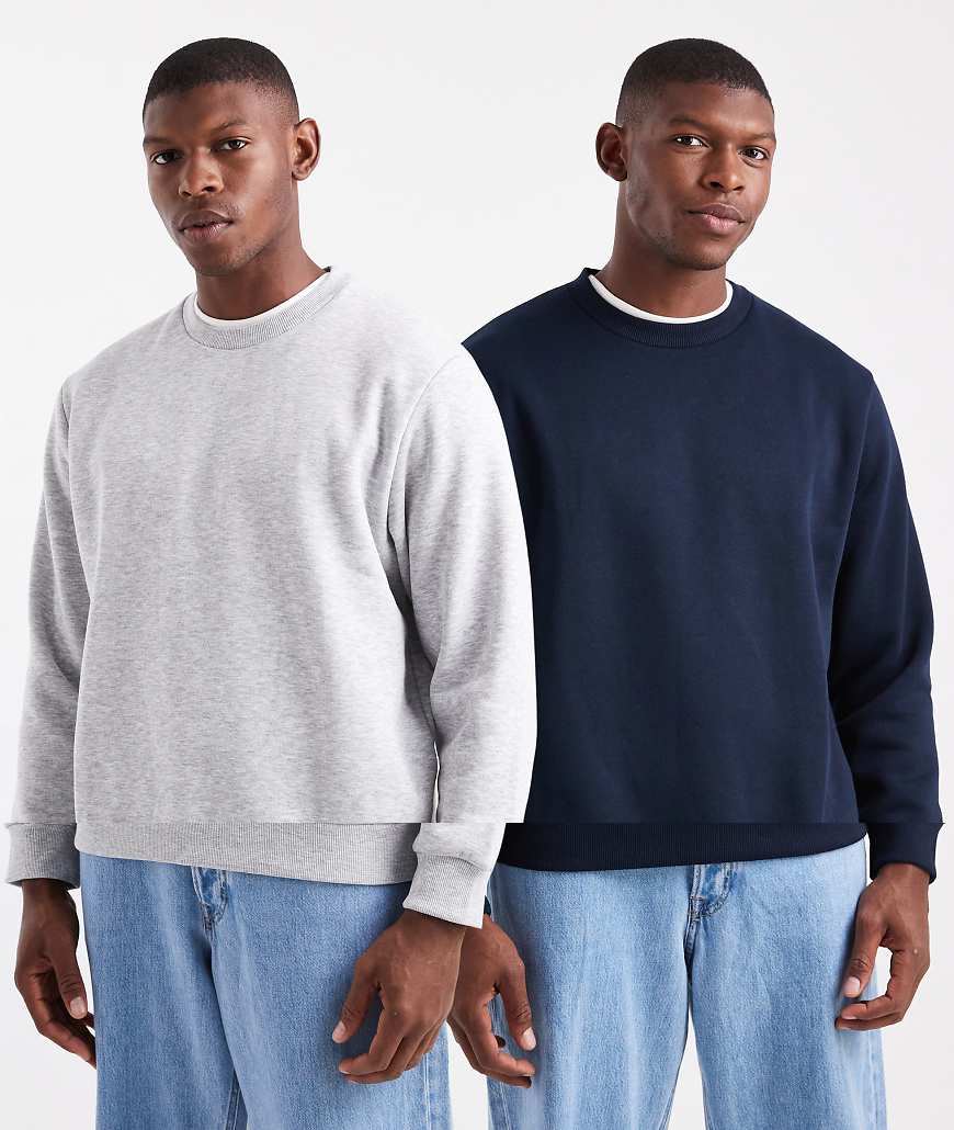 Jack & Jones - 2er-Pack Oversize-Sweatshirts in meliertem Schwarz und Marineblau mit Rundhalsausschnitt-Grau von Jack & Jones