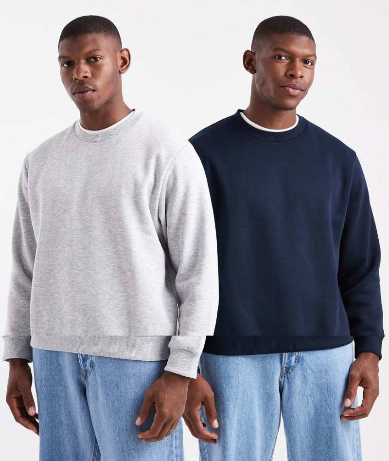 Jack & Jones - 2er-Pack Oversize-Sweatshirts in meliertem Schwarz und Marineblau mit Rundhalsausschnitt-Grau von Jack & Jones